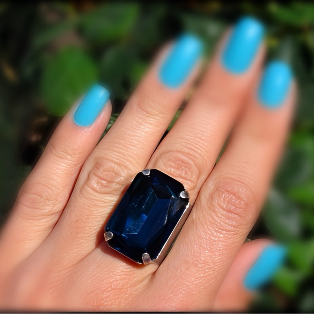 Dark Blue Czech Crystal Ring - Adjustable